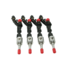 A set of 4 upgraded injectors with red caps and Nostrum logo for Fiesta ST 1.6l EcoBoost