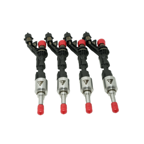 A set of 4 upgraded injectors with red caps and Nostrum logo for Fiesta ST 1.6l EcoBoost