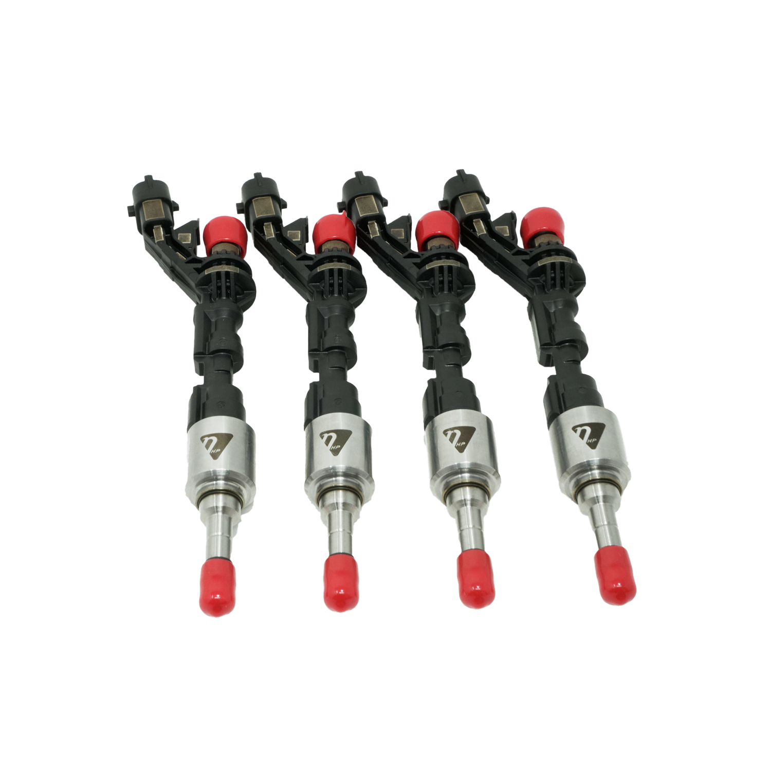 A set of 4 upgraded injectors with red caps and Nostrum logo for Fiesta ST 1.6l EcoBoost