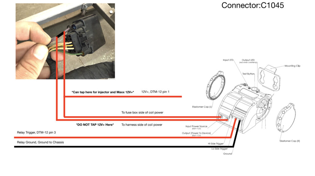 This set of wiring diagrams is a detailed guide for installing the EMS Ultimate Aux Fuel System (UAFS) on a 2018 Ford Mustang 2.3L EcoBoost. It outlines how to properly connect power, ground, sensors, and injector control wires to the factory harness using specific connectors (C1045, C1551B, and C1551E). The guide shows where to tap for safe 12V+ power, how to wire the relay trigger and ground, and how to connect key inputs like the MAP sensor, crank and cam position sensors, flex fuel sensor, and the accelerator pedal. It also includes injector pin assignments and instructions for removing unused wires to avoid interference. Overall, the purpose is to ensure clean integration of the UAFS with the OEM ECU and harness, supporting additional fuel delivery for high-performance or ethanol-tuned EcoBoost builds.