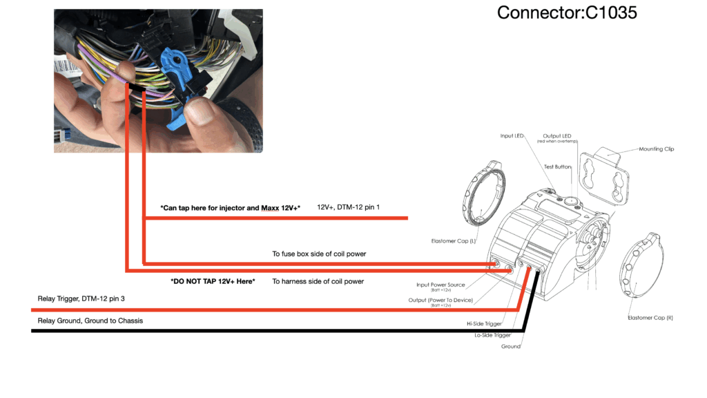 This set of wiring diagrams is a detailed guide for installing the EMS Ultimate Aux Fuel System (UAFS) on a 2016–2018 Ford Focus RS. It outlines how to properly connect power, ground, sensors, and injector control wires to the factory harness using specific connectors (C1045, C1551B, and C1551E). The guide shows where to tap for safe 12V+ power, how to wire the relay trigger and ground, and how to connect key inputs like the MAP sensor, crank and cam position sensors, flex fuel sensor, and the accelerator pedal. It also includes injector pin assignments and instructions for removing unused wires to avoid interference. Overall, the purpose is to ensure clean integration of the UAFS with the OEM ECU and harness, supporting additional fuel delivery for high-performance or ethanol-tuned EcoBoost builds.