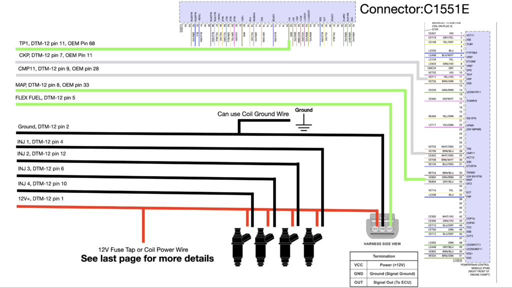 This set of wiring diagrams is a detailed guide for installing the EMS Ultimate Aux Fuel System (UAFS) on a 2015–2017 Ford Mustang 2.3L EcoBoost. It outlines how to properly connect power, ground, sensors, and injector control wires to the factory harness using specific connectors (C1045, C1551B, and C1551E). The guide shows where to tap for safe 12V+ power, how to wire the relay trigger and ground, and how to connect key inputs like the MAP sensor, crank and cam position sensors, flex fuel sensor, and the accelerator pedal. It also includes injector pin assignments and instructions for removing unused wires to avoid interference. Overall, the purpose is to ensure clean integration of the UAFS with the OEM ECU and harness, supporting additional fuel delivery for high-performance or ethanol-tuned EcoBoost builds.