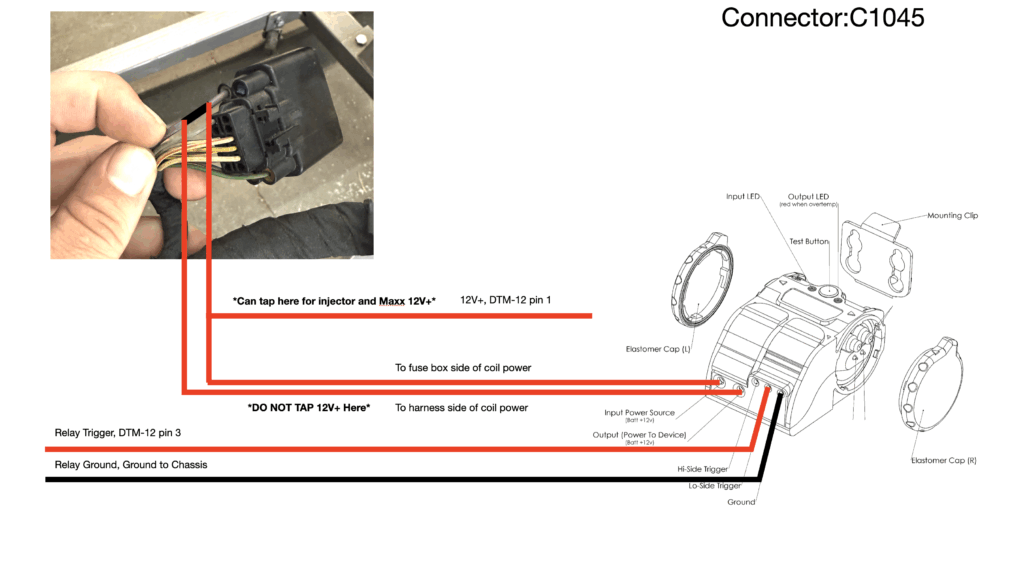 This set of wiring diagrams is a detailed guide for installing the EMS Ultimate Aux Fuel System (UAFS) on a 2015–2017 Ford Mustang 2.3L EcoBoost. It outlines how to properly connect power, ground, sensors, and injector control wires to the factory harness using specific connectors (C1045, C1551B, and C1551E). The guide shows where to tap for safe 12V+ power, how to wire the relay trigger and ground, and how to connect key inputs like the MAP sensor, crank and cam position sensors, flex fuel sensor, and the accelerator pedal. It also includes injector pin assignments and instructions for removing unused wires to avoid interference. Overall, the purpose is to ensure clean integration of the UAFS with the OEM ECU and harness, supporting additional fuel delivery for high-performance or ethanol-tuned EcoBoost builds.