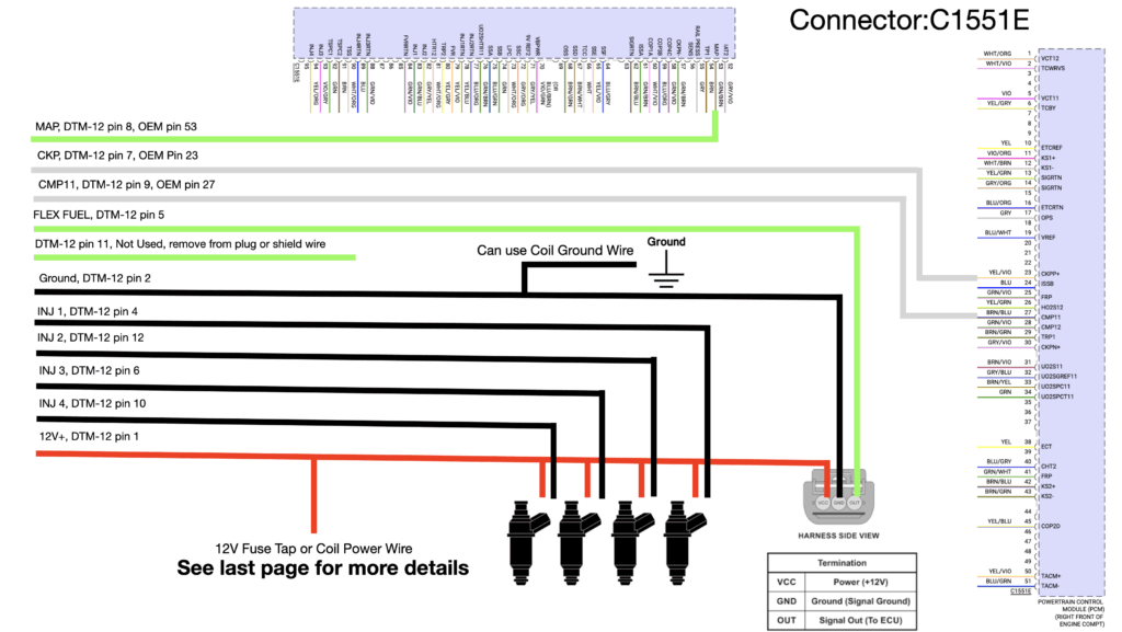 This set of wiring diagrams is a detailed guide for installing the EMS Ultimate Aux Fuel System (UAFS) on a 2018 Ford Mustang 2.3L EcoBoost. It outlines how to properly connect power, ground, sensors, and injector control wires to the factory harness using specific connectors (C1045, C1551B, and C1551E). The guide shows where to tap for safe 12V+ power, how to wire the relay trigger and ground, and how to connect key inputs like the MAP sensor, crank and cam position sensors, flex fuel sensor, and the accelerator pedal. It also includes injector pin assignments and instructions for removing unused wires to avoid interference. Overall, the purpose is to ensure clean integration of the UAFS with the OEM ECU and harness, supporting additional fuel delivery for high-performance or ethanol-tuned EcoBoost builds.