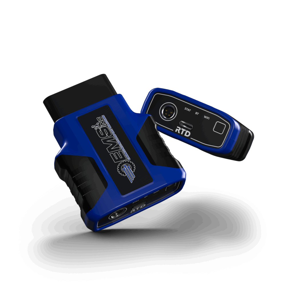 This image showcases the EMS-branded RTD (Remote Tuning Device) used for Engineered Motorsport Solutions (EMS) custom tuning services. The device, finished in EMS’s signature blue and black color scheme, is designed for seamless integration with HP Tuners software, allowing users to flash and datalog their vehicles directly from a smartphone or laptop. It represents the key hardware required for customers to access EMS’s S650 EcoBoost Mustang tuning and other EcoBoost platform calibrations. The purpose of this image is to visually highlight the professional-grade equipment that makes remote tuning simple, reliable, and accessible for EMS customers.