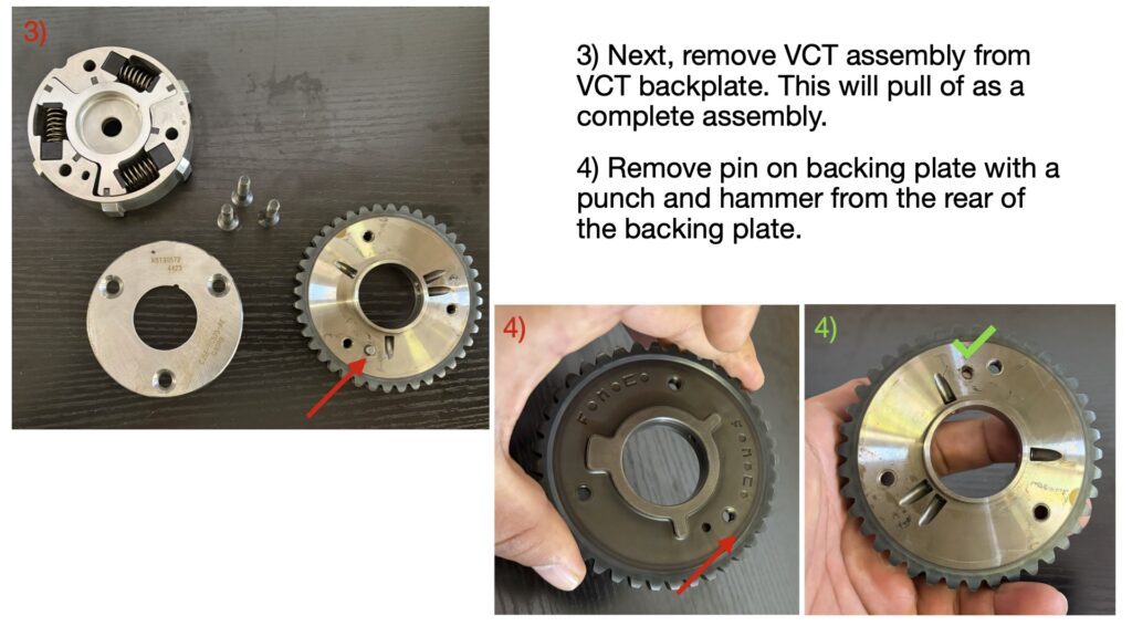 Factory VCT phaser disassembled into three components: the internal VCT assembly, front cover plate, and rear gear backing plate.