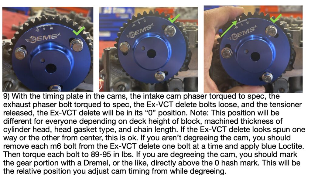 EMS VCT lockout assembly positioned at its mechanical zero reference position after timing components are installed and the timing chain tensioner is released. Green check mark indicates proper alignment.